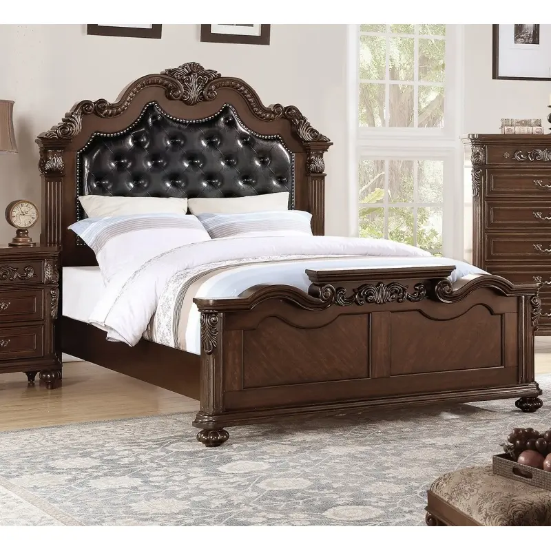 Bellemave King/Queen Size Tufted Faux Leather Headboard Wooden Platform Bed Frame - Elegant, Glam Antique Carved Style, Dark Walnut Eastern Design, 90x84 in Indoor Furniture, 1pc, Assembly Required