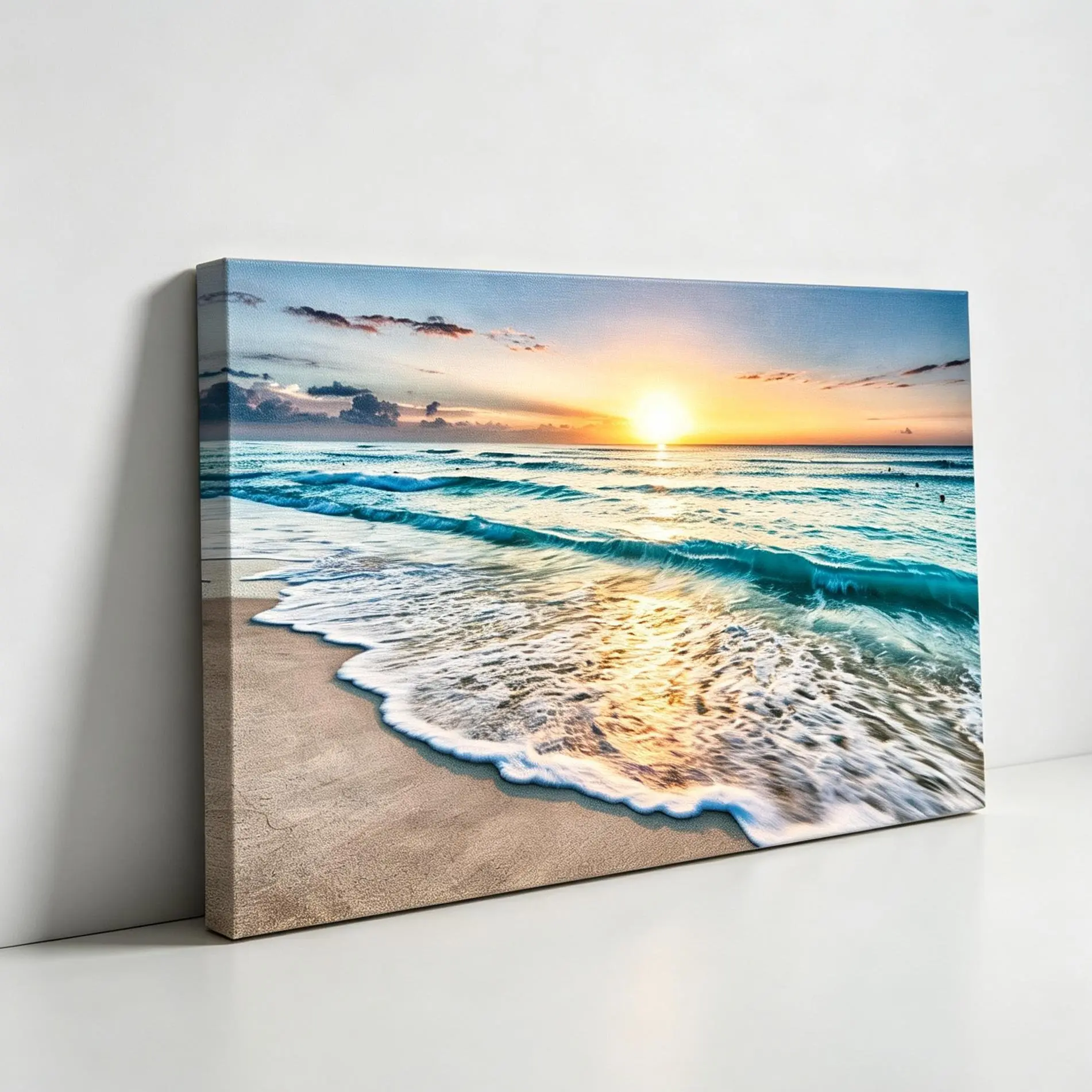 Canvas Prints Wall Art Beach Sunset Ocean Waves Nature Pictures Stretched Canvas Wooden Framed for living Room Bedroom and Office, Panoramic Coastal Wall Decor, Calming Sea Landscape Print, Large Ready To Hang Canvas, Neutral Beach House Art