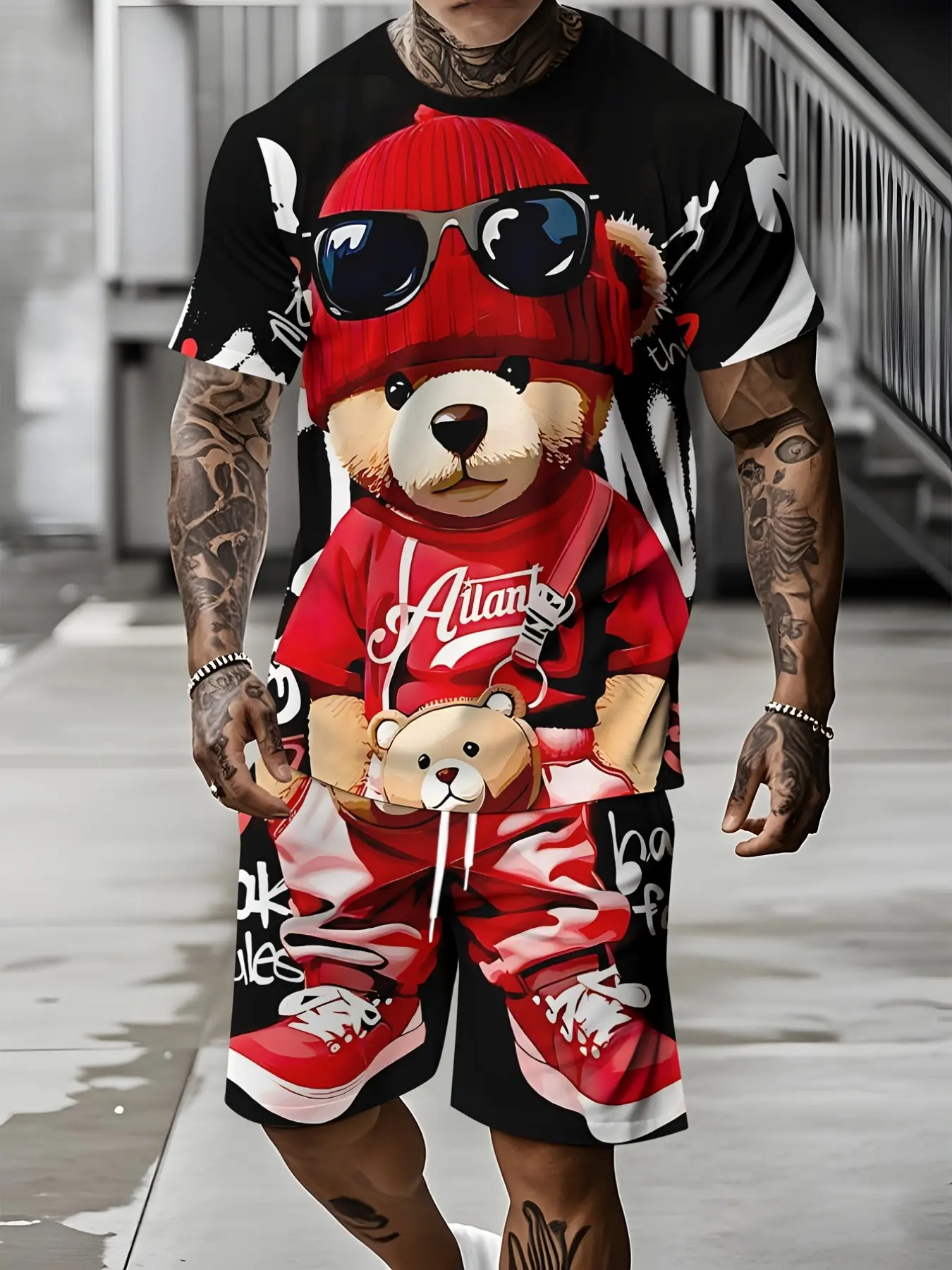 Men's Summer Fashion Set, Glasses Bear Sports, Round Neck T-Shirt and Shorts, Casual Short Sleeve Suit