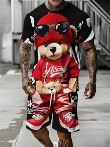 Men's Summer Fashion Set, Glasses Bear Sports, Round Neck T-Shirt and Shorts, Casual Short Sleeve Suit