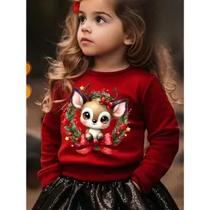 Girls' Christmas Sweater - Thickened Fleece-Lined Red Sweater with Cute Reindeer, Cozy Holiday Party Outfit for Girls, Easy-Care Everyday & Christmas Celebration Clothing, Seasonal Kids Wear, Festive Kids Fashion, Warm Fleece Lining, Kids Holiday