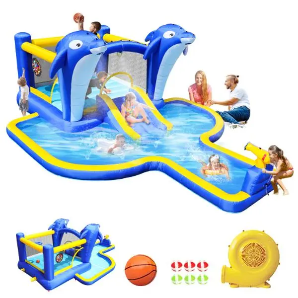 8-in-1 Inflatable Water Park with Slide, Trampoline, Dolphin Sprinkler & Target games & Water gun & Basketball