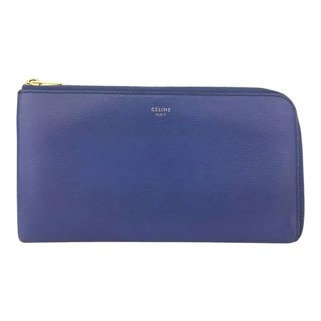Pre-owned Celine Leather Wallet Blue Logo Zip Around Classic Design & Branding