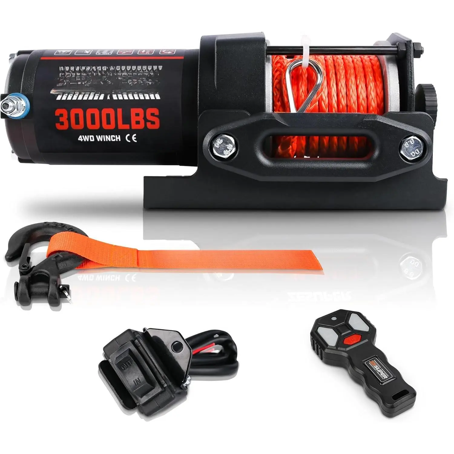 3000 lb Electric Winch for ATV UTV Trailer Boat Synthetic Rope Winch 12V DC Off Road Towing Winches with  Remote Mounting Bracket