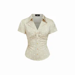 Cider Satin Polka Dot Ruched Puff Sleeve Shirt