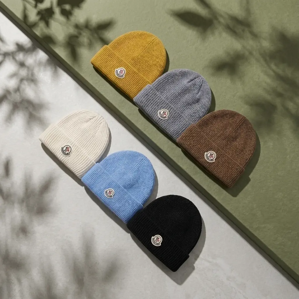 Moncler Felt Logo Patch Ribbed Knit Beanie Multi-Color Variant Grid | Warm Stretch Winter Skull Cap | Unisex Streetwear Casual Cold Weather Apparel