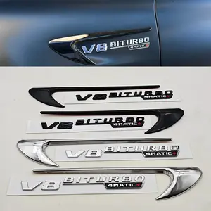 2pcs 3D ABS Vent Fender Trim Emblem Blade V8 BITURBO 4MATIC Logo Car Sticker Fender Badge For Mercedes Benz E300 E400 E53S E63S