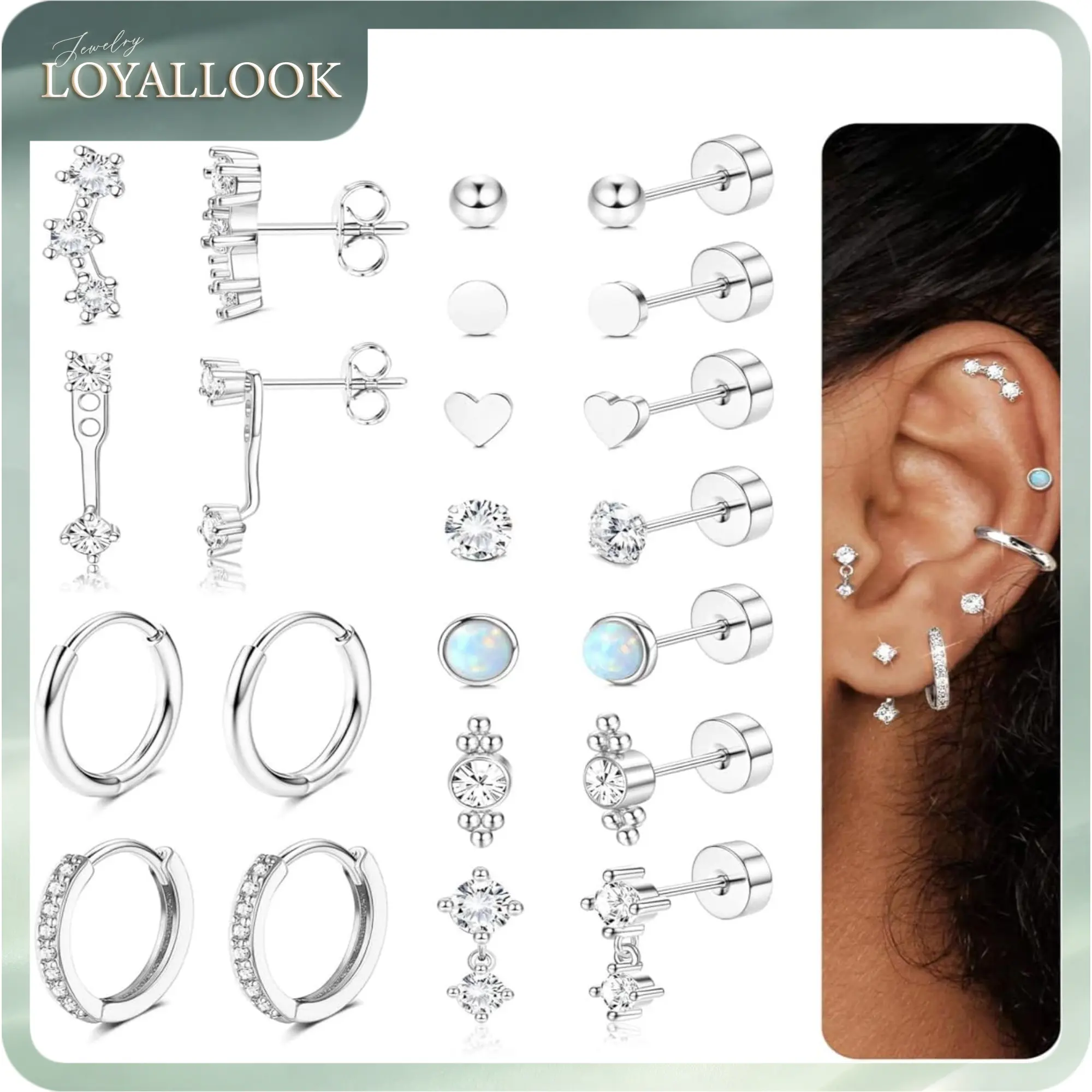 LOYALLOOK Hypoallergenic Flat Back Earrings for Women Trendy 20G Surgical Stainless Steel Earrings 14K Gold Plated Cartilage Earring Stacks Flatback Stud Earring Sets for Multiple Piercing