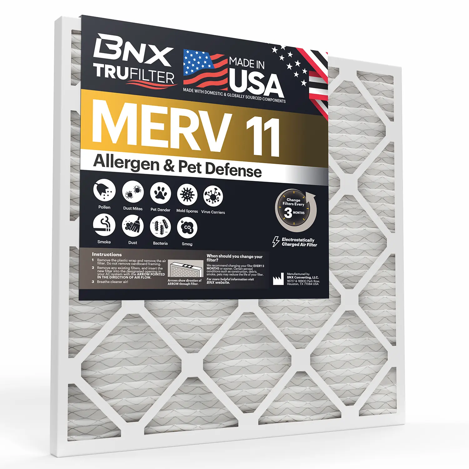 BNX TruFilter 24x24x1 MERV 11 HVAC System Replacement Air Filter (2-Pack) - Made in USA, Electrostatic Pleated Allergen Defense for AC, Furnace (MPR 1200, FPR 7)