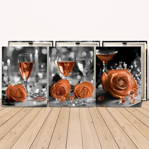 3 Counts Wooden Framed Canvas Painting, Orange Rose And Champagne Images, Exquisite Poster, Perfect Living Room Decoration, Modern Art, Fashion Family Poster, Wall Art Decoration, Waterproof Art