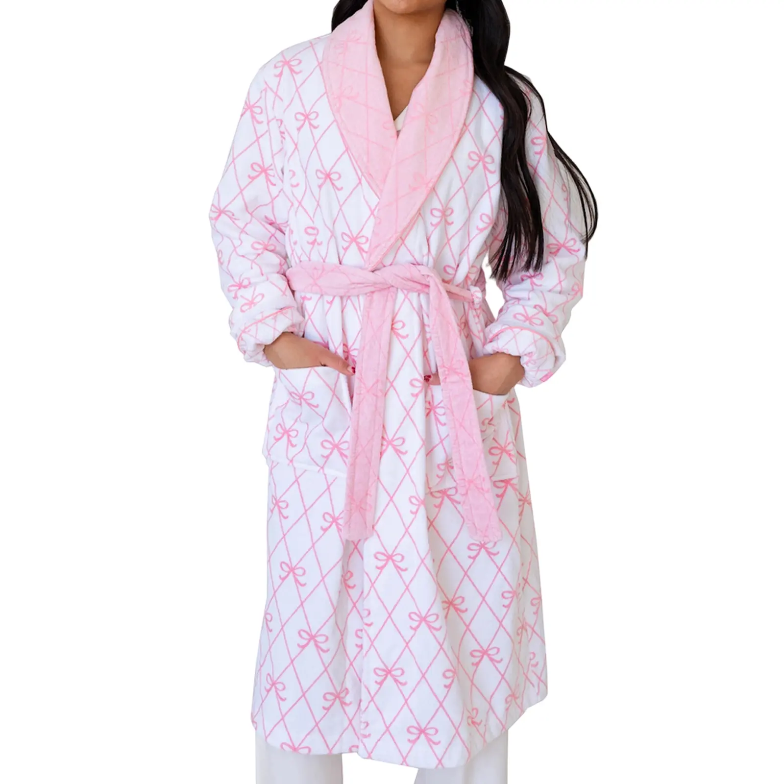 Women's Cute Bow Fuzzy Hooded Bathrobe - Collared Plush Fleece Robe with Belt, Loose Comfortable All-Seasons Graphic Loungewear Dressing Gown