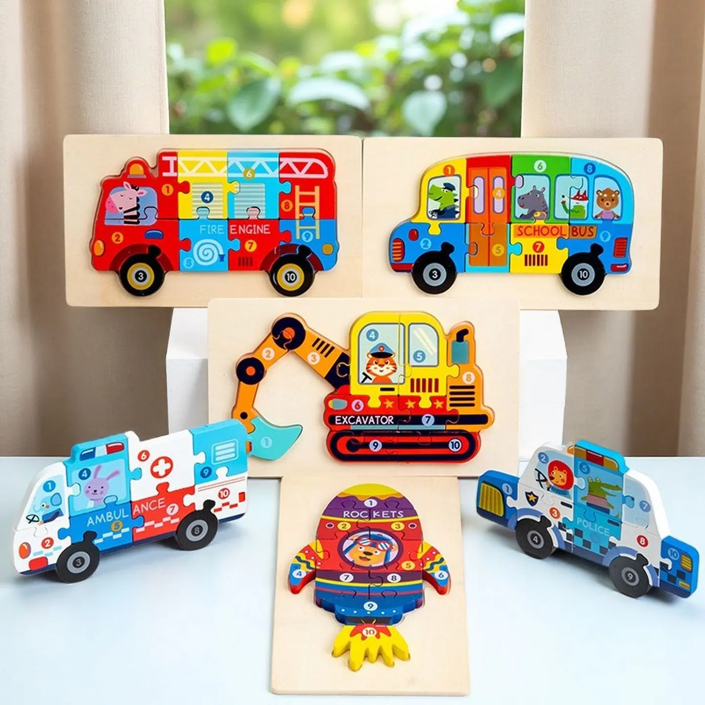 Wooden 3D Snap-On Car Vehicle Cognitive Puzzle for Young Children