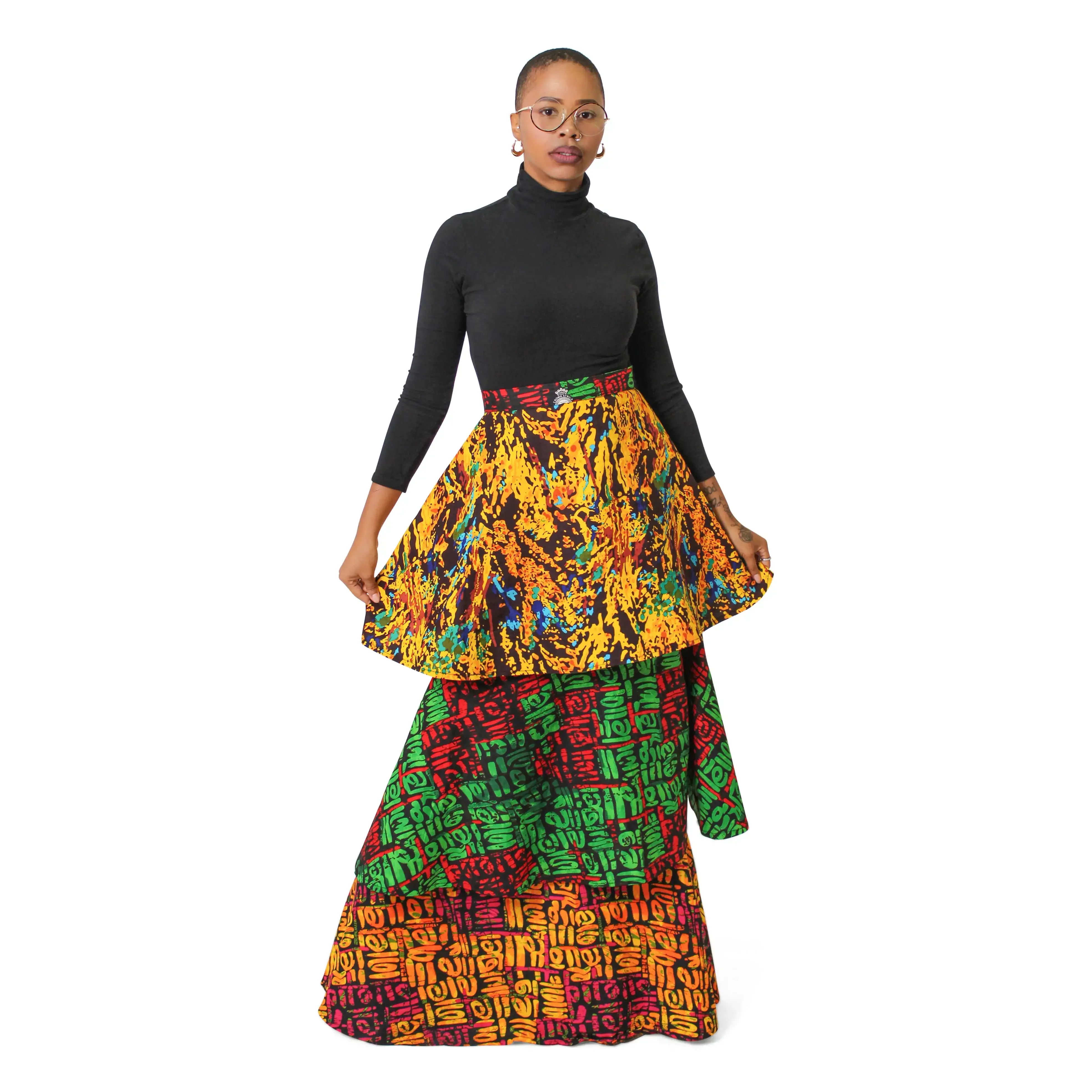Women's Vibrant Ankara Tiered-Layer Maxi Skirt - Stylish Fabric, Eye-Catching Prints, Formal Party Wear, Structured Band, Tribal Artistic Fusion, Flattering Cut, All-Season, Cultural Celebrations, Dry Clean, Fashion Forward