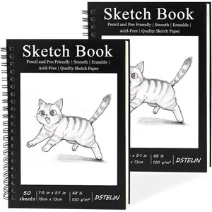 2 Pack Spiral Bound Sketchbooks (100 GSM Sketch Paper), 50 Sheets per Pack, 7.5" x 5.1" Sketchbook with Black Hard Cover for Painting, Drawing and Sketching