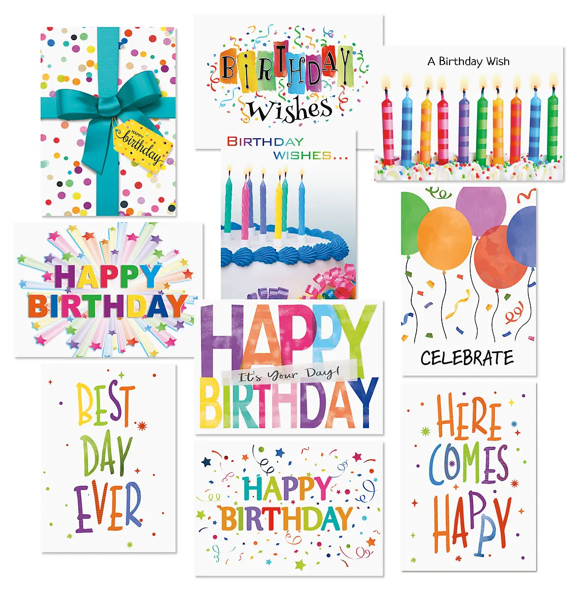 Lillian Vernon Confetti Fun Happy Birthday Greeting Card Set - Value Pack of 20 Cards With White Envelopes, 10 Designs, Large 5" x 7" Assortment