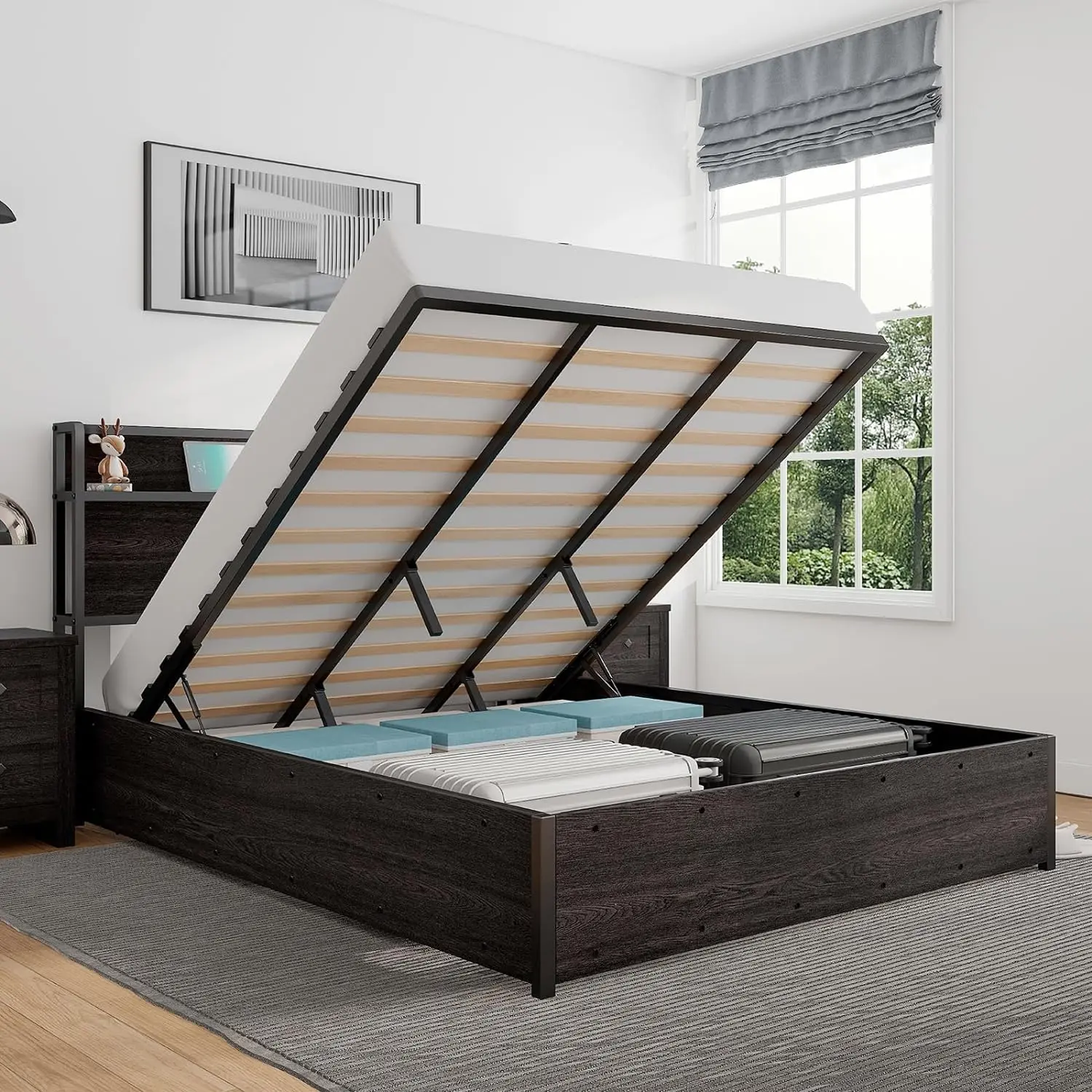 [SummerSale] AMERLIFE Full Size Lift Up Storage Bed, Wood Platform Bed Frame with Storage Headboard & Charging Station, No Box Spring Needed, Easy Assembly/Best Gift Ideas/Christmas Gifts