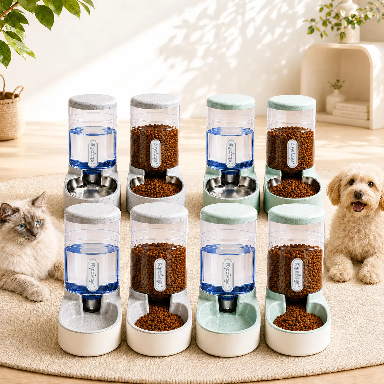 Kacoomi 2-Pack Gravity Automatic Pet Feeder & Water Dispenser Set, 1 Gal Each with Stainless Steel Bowls for Cats & Small Dogs