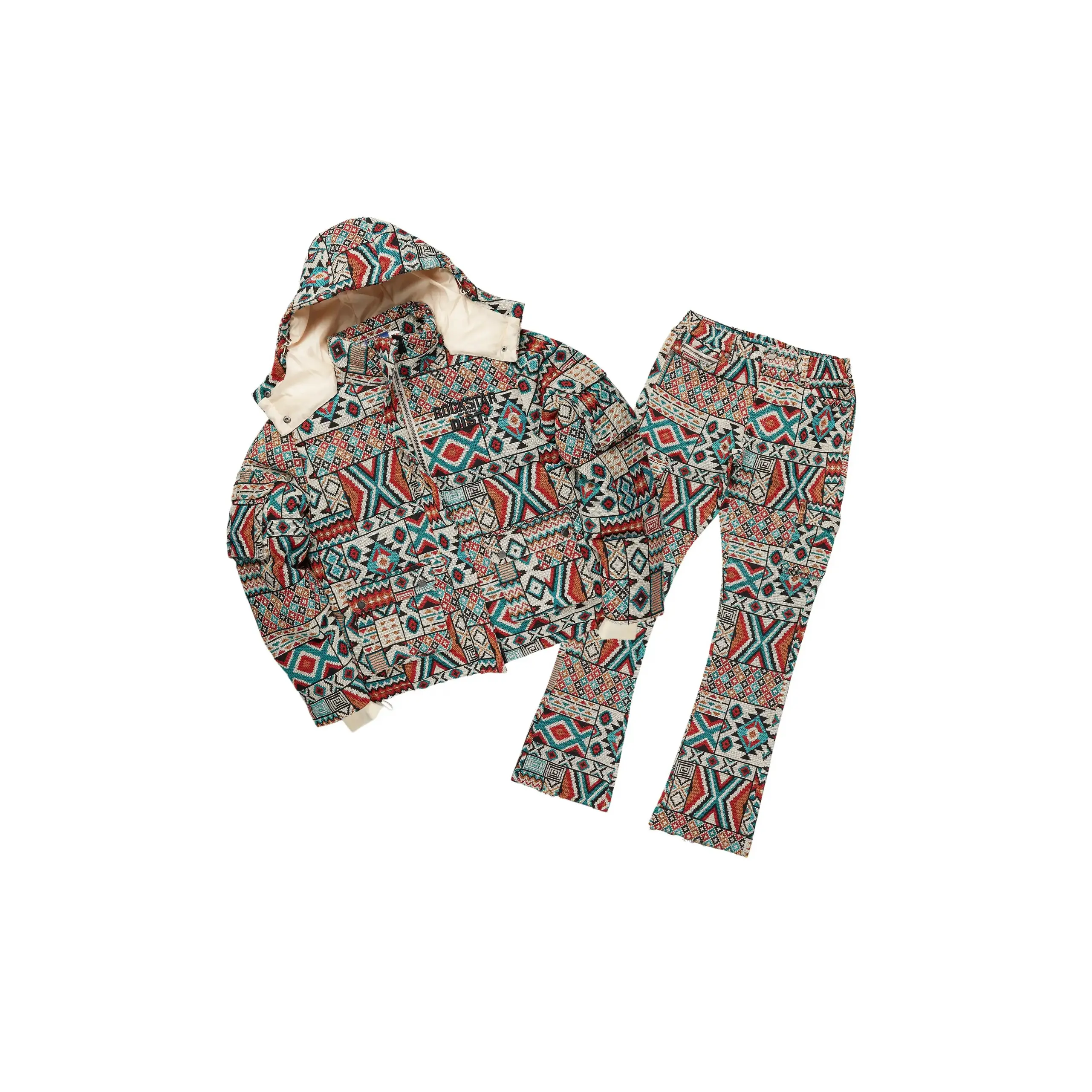 Boys Nard Beige Multi Tapestry Puffer Jacket/Flare Jean Set
