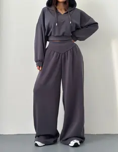 Women’s casual two-piece set: V-neck hooded long-sleeve top and waist-cinched long pants. Comfortable for home, outdoor wear, and sports. Women’s clothing, set, new for spring/autumn 2026.