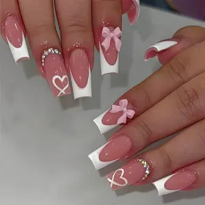 24-Pcs Rectangular Press-On Fake Nails with Heart Bow French-Style Glossy Finish Design, Includes Tools, Suitable Women's Parties, Proms, Daily Casual Wear, Removable and Reusable