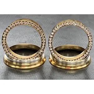 PAIR of Beautiful Gold CZ Gem Rimmed Internally Threaded Tunnels/Plugs - Gauge 6g (4mm) thru 1" (25mm)