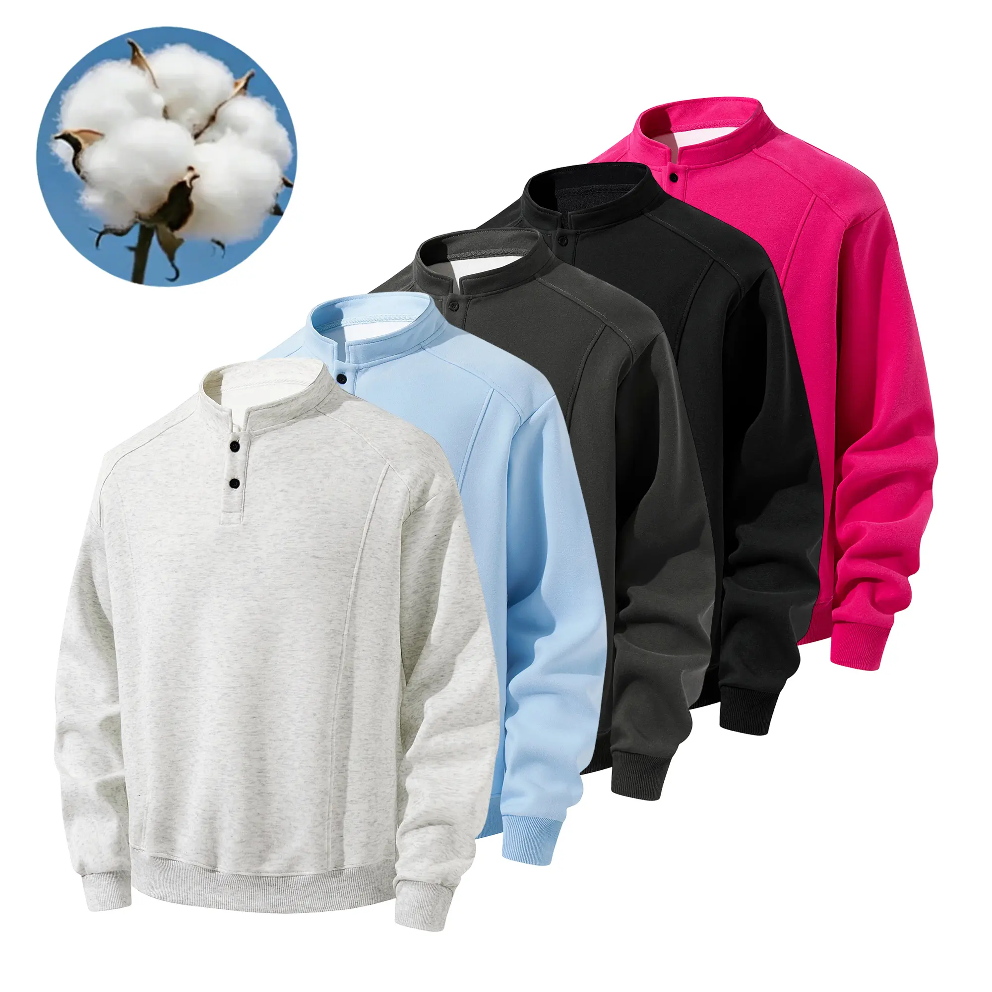 Men’s cotton Henley sweatshirt with stand collar, half-zip closure, loose casual fit, long sleeves, pullover design, versatile, available in multiple colors