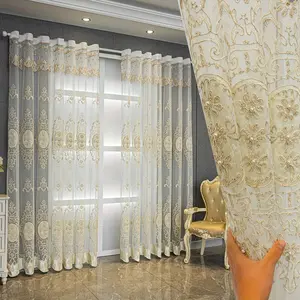 Luxury European Embroidered Sheer Curtains with Beads, Grommet Top Lace Valance, Light Filtering & Privacy Voile Drapes for Formal Living Room & Dining Room，1 panel
