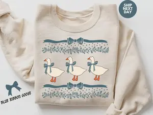 1980s Blue Ribbon Goose With Hearts Ugly Sweatshirt Vintage Original Sweatshirt Bows and Adorable Doodle Hearts Animal Lover, Goose Shirt