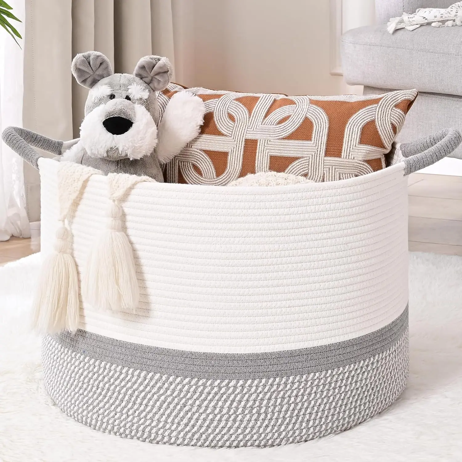 67L Large Blanket Basket, 20"x13" Blanket Basket Living Room, Woven Baskets With Handle, Toy Baskets for Blankets, Nursery, Dog, Pillow, Gift (White & Light Grey) sohochic