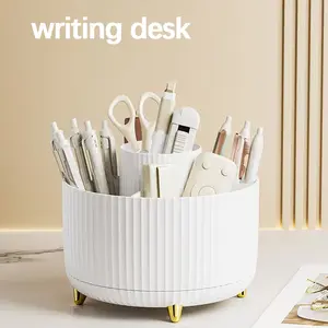 A 360 degree rotating cosmetics storage box - cosmetics storage box, display box with 5 compartments - multifunctional brush, lipstick, skin care and stationery storage box - durable and odorless luxury stripe design desktop storage box Organiser White