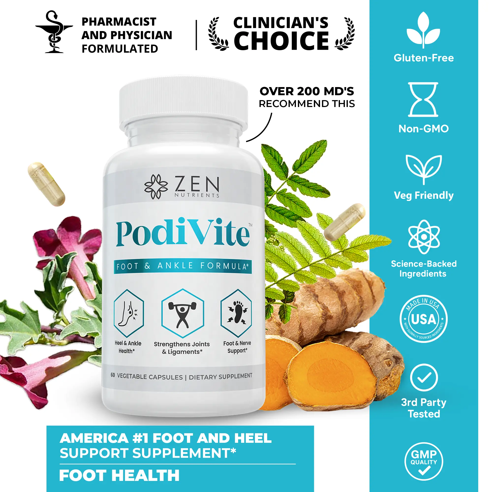 PodiVite | Foot & Ankle Support Formula for Plantar Fasciitis, Heel Relief, Chronic Foot Discomfort & Nerve Function Support with Turmeric, Alpha Lipoic Acid & Glucosamine (120 Capsules)