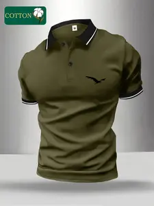 Men’s classic retro fashion summer cotton short-sleeve polo shirt featuring a distinctive “Great Eagle” print and a buttoned turn-down collar—stylish casual sportswear suitable for travel, business, work, golf, fishing, and camping; an excellent gift for
