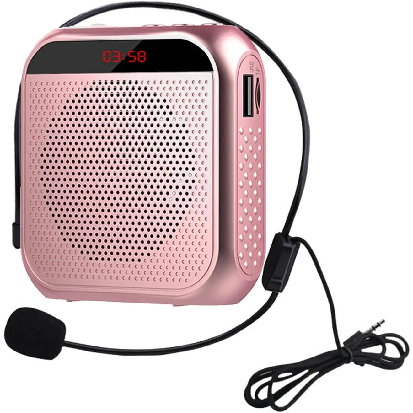 Rose Gold Compact Mini Portable Plastic Speaker with Rechargeable Microphone, USB Port, 20-Hour Battery – Voice Amplifier for Teachers, PA System for Guidance, Listening to Music, Portable Speakers