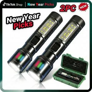2026 New 2 PACKS  Aluminum Alloy Rechargeable LED Flashlight, With 6 Lighting Modes Zoomable Strobe Side Light Waterproof Powerful Flashlight , Tactical COB Flashlight High Lumens Flashlight,  for Outdoor Family Camping and Hiking No Installation tiktoksh