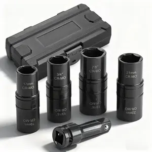 5pc Flip Impact Socket Set, 1/2" Drive Lug Nut & Wheel Socket Set (Metric & SAE), CR-MO Steel with 3" Extension Bar, Professional Automotive Tool