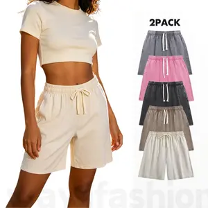 Wayii Fashion Women's 2PC Acid Washed Baggy Cotton Heavyweight Elastic Waist Shorts - Bleach Shorts, Casual Fashion Elastic Bottom, Vintage Streetwear Unisex Design
