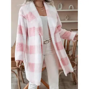A set of women's casual pink and white checkered plush jackets Long Sleeve, suitable for autumn and winter, suitable for home, indoor, and outdoor wear