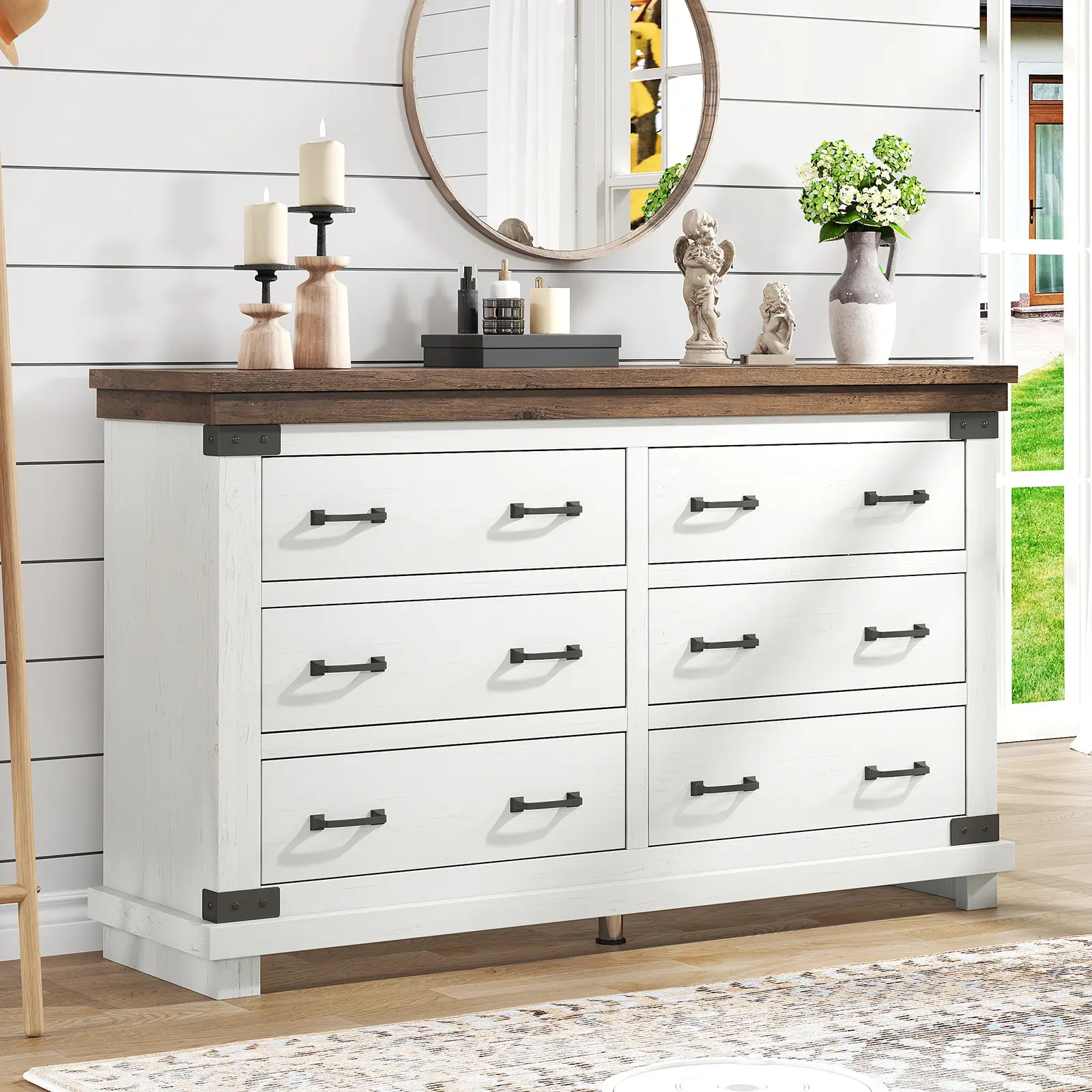 Amerlife Farmhouse Rustic Wood Cupboard - Sturdy Organiser Storage Cabinet, Chest of Drawers with Smooth Sliding Door, Thick Planks, Nailheads, Multifunctional Indoor Furniture for Bedroom, Living Room