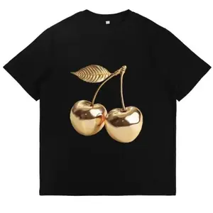 Elegant Gold and Black Cherry Cotton T Shirt with Metallic Cherry Graphic Design