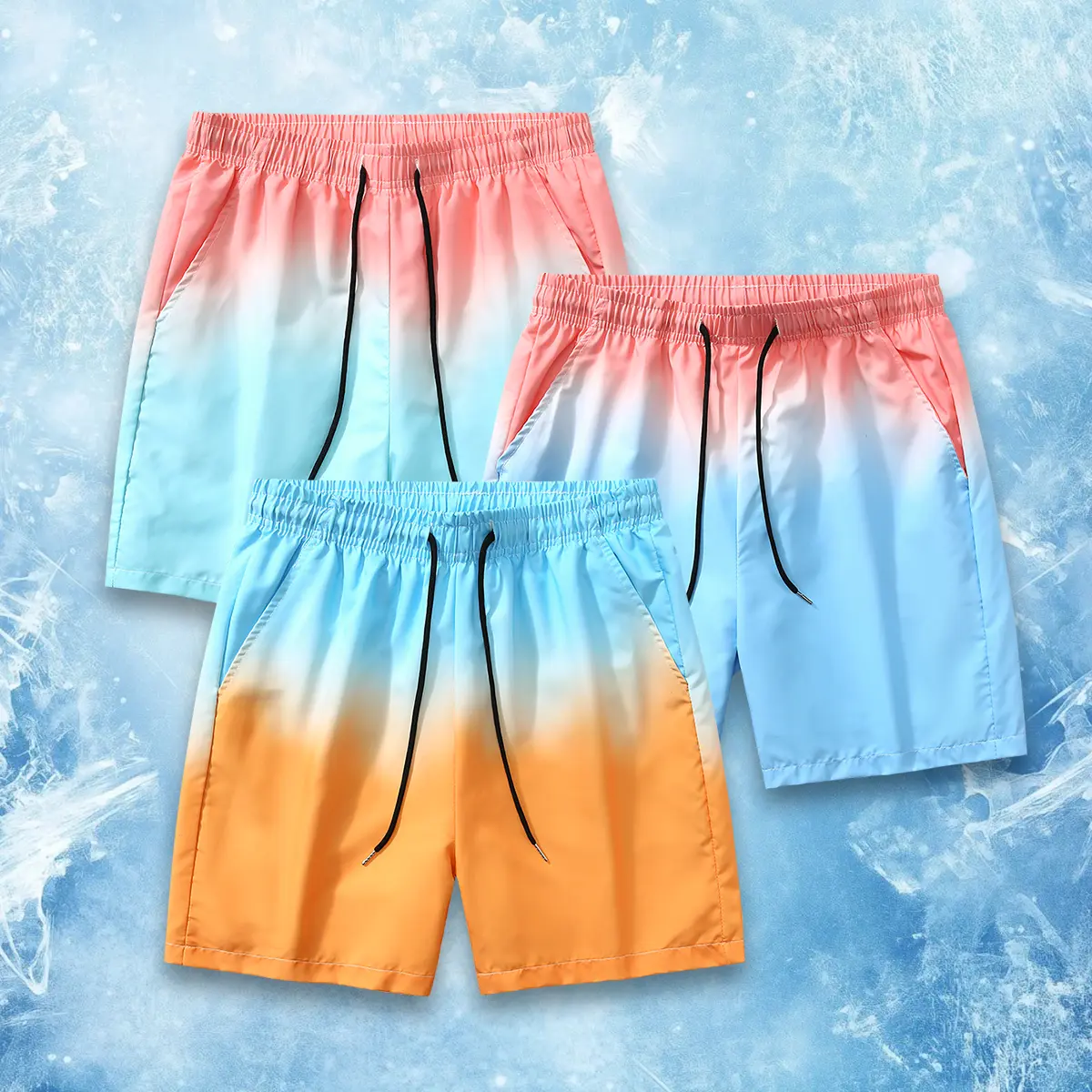 Men's Casual Shorts with Gradient Print, Loose Fit Polyester Beachwear with Drawstring and Pockets, Summer Menswear, Chic, Pocketed, Loose-Fitting, Stylish, Elastane, Above The Knee, Machine Washable, Mid Waist, Minimalist, Normal Type, Small