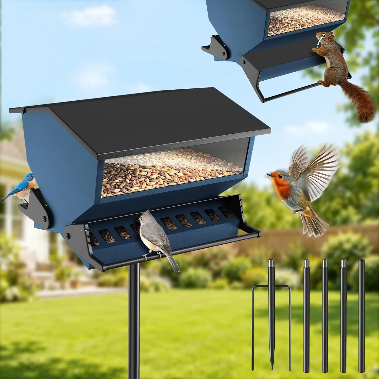 Metal Squirrel Proof Bird Feeder with Pole Set, 7 LB Capacity | Weight-Activated, Heavy Duty, Easy to Fill & Clean, Attracts a Variety of Wild Birds, Pole Included