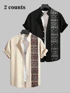 Men's Ethnic Pattern Button Front Shirt, Regular Fit Casual Breathable Short Sleeve Top for Summer, Men's Clothes for Daily Wear
