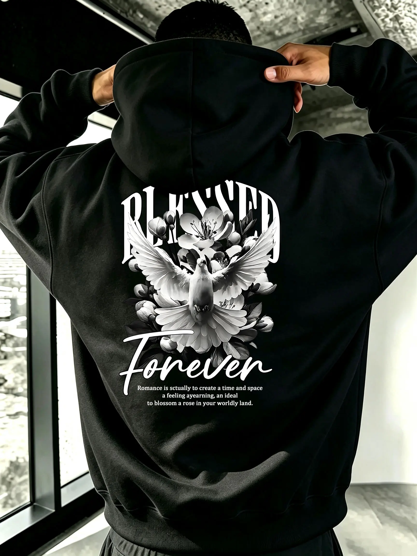 Hooded sweatshirt with large floral art print featuring a white dove on the back, loose oversized pullover hoodie