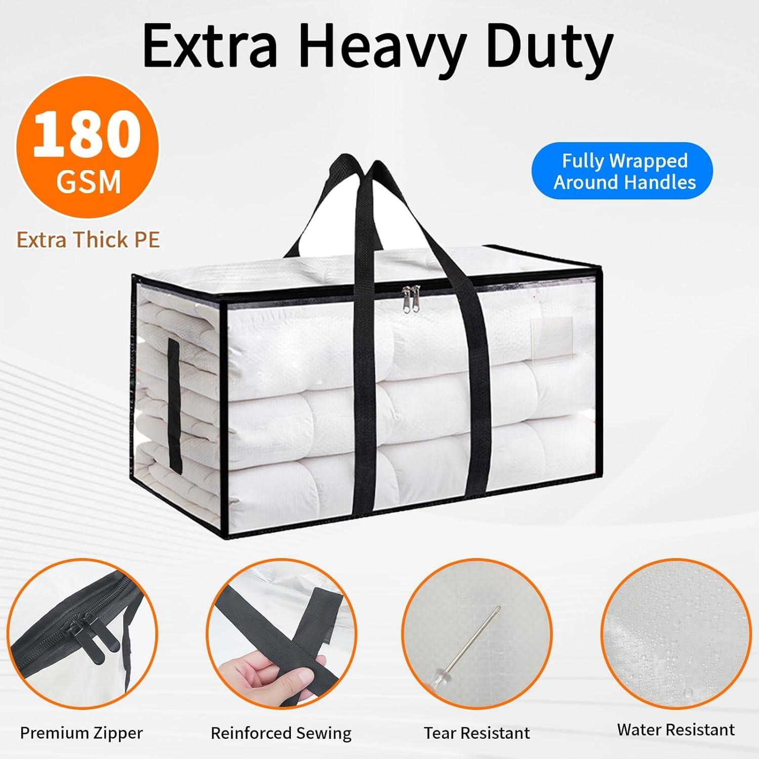 2/4/6 Packs Extra Large Heavy Duty Moving Bags — Waterproof Storage Totes with Zippers & Handles, Foldable for College Dorm and Home Storage (Clear)