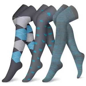 3-Pack Thigh High Compression Socks 15-20 mmHg Graduated Support Stockings Soft Stretchy Breathable Circulation Boost Leg Relief Anti-Fatigue Hosiery for Women Men Ideal for Running Travel Nursing Sports Daily Wear
