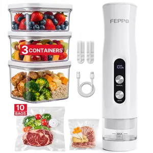 FEPPO Compact Vacuum Sealer for Food,  Anti-Overflow Handheld Vacuum Sealer Machine with 3 Containers & 10 Reusable Bags, -65kPa Powerful Suction, Auto & Manual Modes, Portable Food Vacuum Sealer for Kitchen, Travel, RV