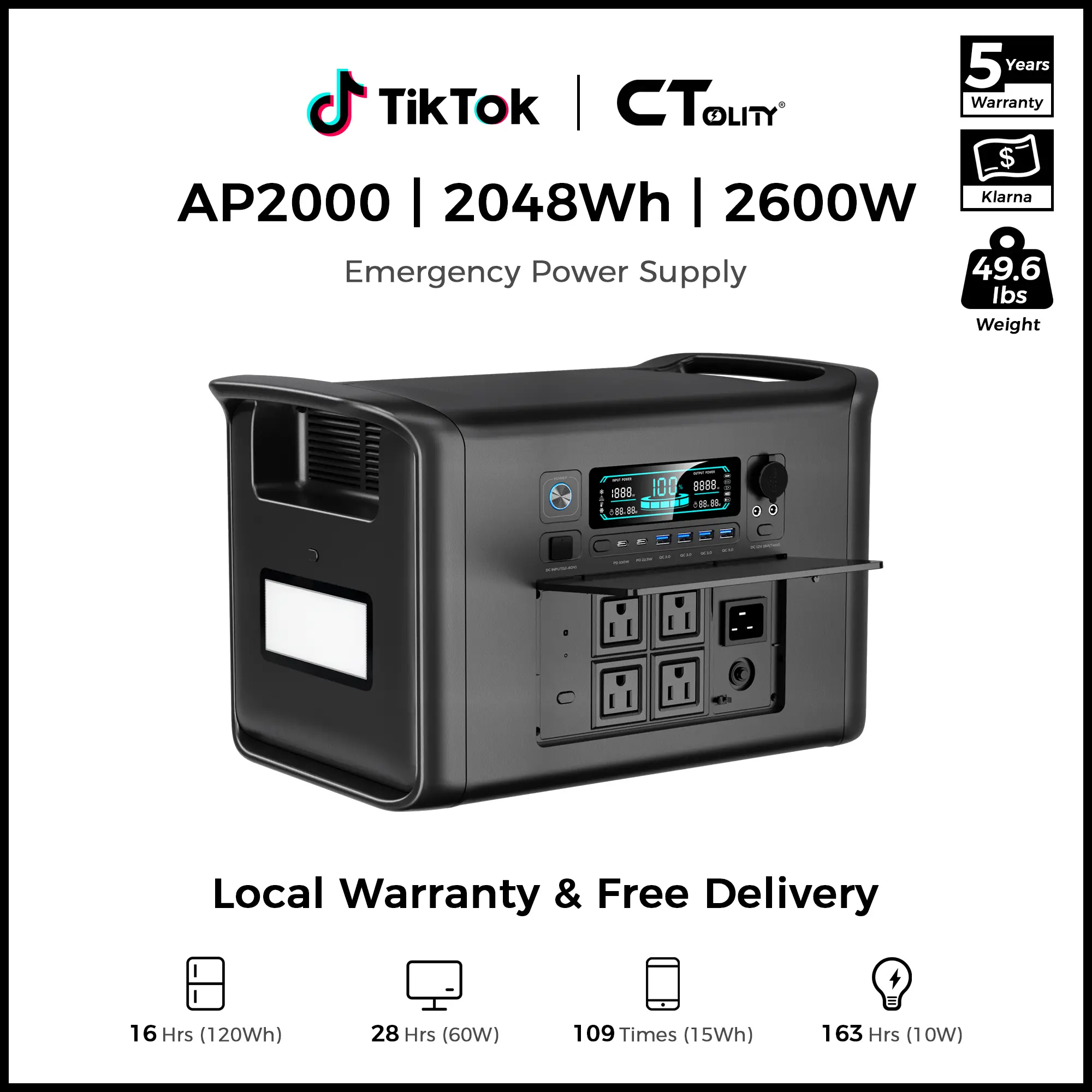 [Summerfinds]CTOLITY AP2000 2600W 2048Wh Solar Generator | Long-Lasting LiFePO4 Portable Solar Power Station Supports 11+ Devices for Camping, RV & Outdoor