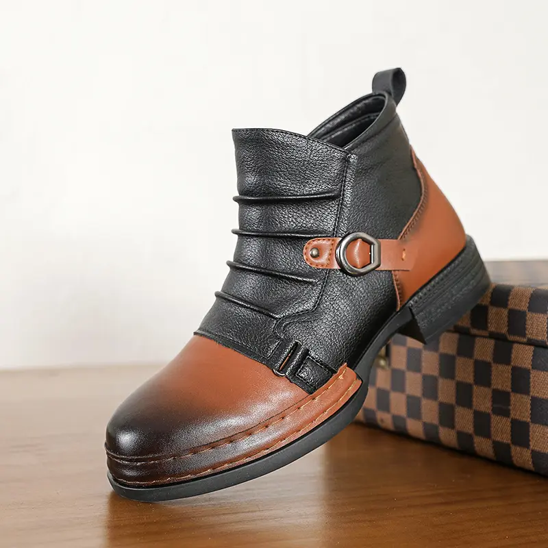 CYUW men’s short boots with ruched detailing and contrasting buckle accents, stylish urban casual footwear suitable for weekend outings and dates