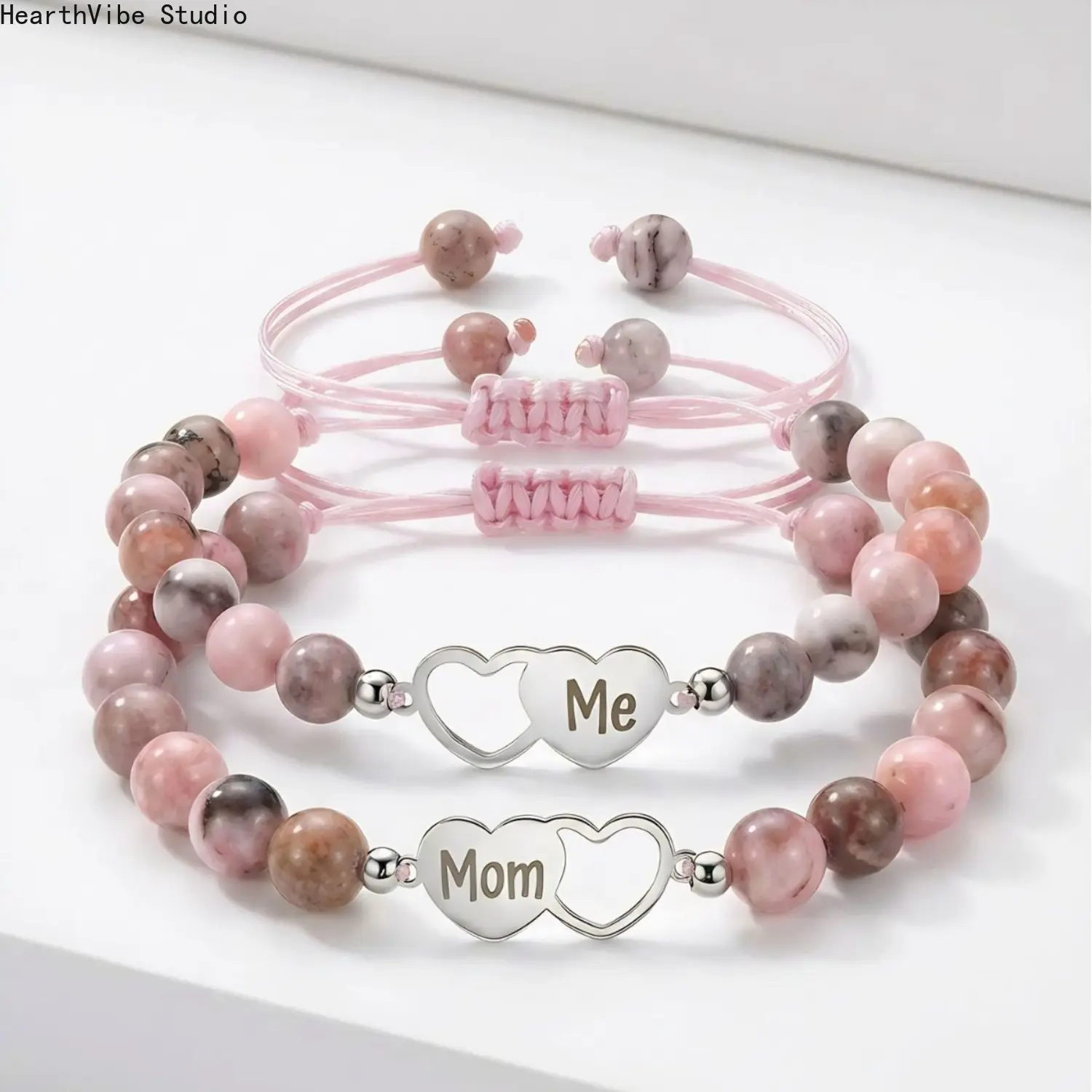 Mother-Daughter Bracelet Set, 2-Piece Pretty Stainless Steel Beaded Bracelets with Matching Heart Charms, Gift for Mom on Mother's Day with Card, Pretty Bracelet