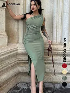 aodebiao Spring New Resort Casual Collection Women's High Slit One-Shoulder Sleeveless Bodycon Dress for Summer, Fit Dress, Elegant Comfortable Party Wear Womenswear Elegant Slit Hem